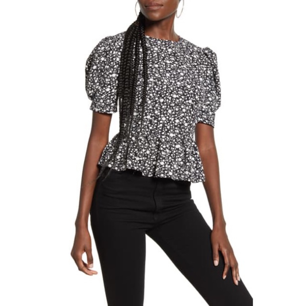 English Factory Floral Puff Sleeve Peplum Top M